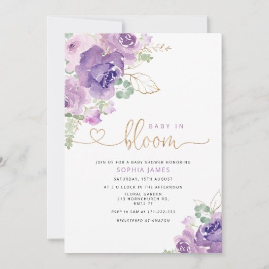 Paarse lila baby op uitnodiging van het bloom baby (Voorkant)