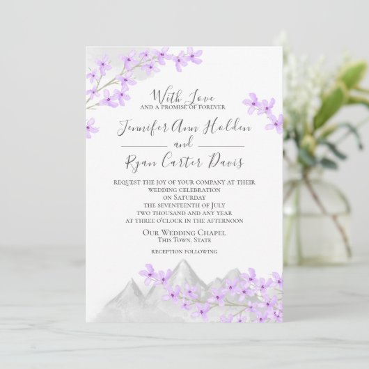 Paarse Lila berg bruiloft Kaart (Staand voorkant)