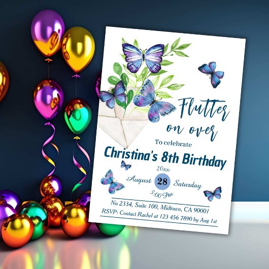 Paarse lila & blauwe vlinder thema 8e verjaardag kaart