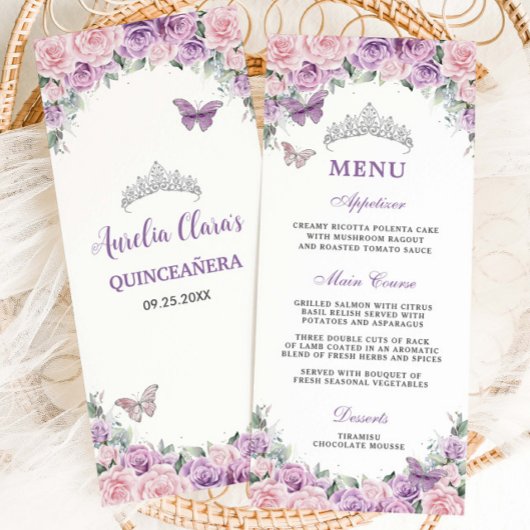 Paarse Lila Bleke Roze Bloemen Quinceañera XV Menu