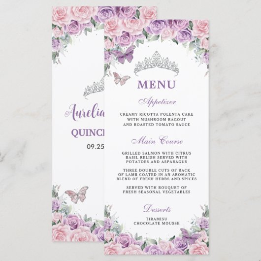 Paarse Lila Bleke Roze Bloemen Quinceañera XV Menu (Voorkant / Achterkant)