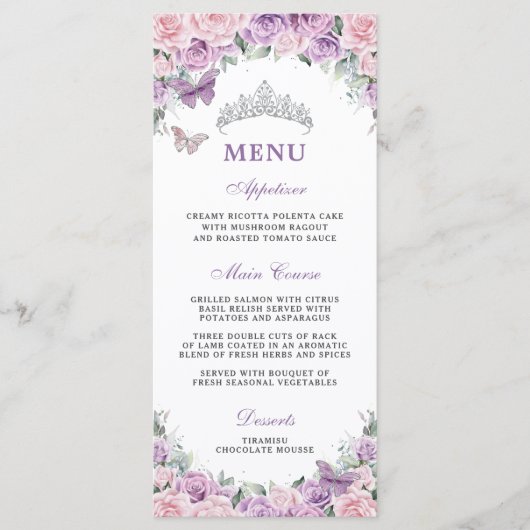 Paarse Lila Bleke Roze Bloemen Quinceañera XV Menu (Voorkant)