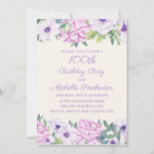Paarse Lila bloemen 100th Birthday Party Kaart (Voorkant)