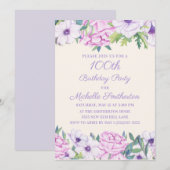Paarse Lila bloemen 100th Birthday Party Kaart (Voorkant / Achterkant)