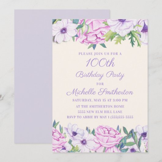 Paarse Lila bloemen 100th Birthday Party Kaart (Voorkant / Achterkant)