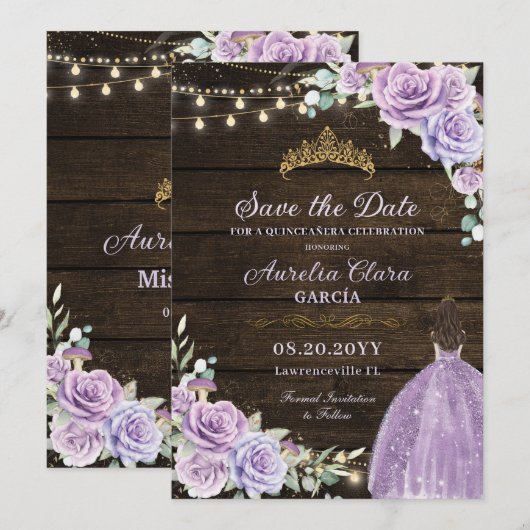 Paarse Lila Bloemen Betoverde Bos Quinceañera Save The Date (Voorkant / Achterkant)