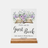 Paarse Lila Bloemen Boek Chapter Bruids Gastboek Acryl Bord (Voorkant)