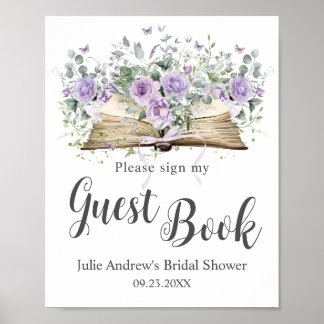 Paarse Lila Bloemen Boek Chapter Bruids Gastboek Poster