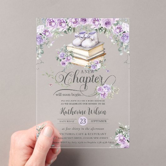 Paarse Lila Bloemen Boek Nieuw Chapter Baby shower Acryl Uitnodigingen (Insitu (Draagbaar))