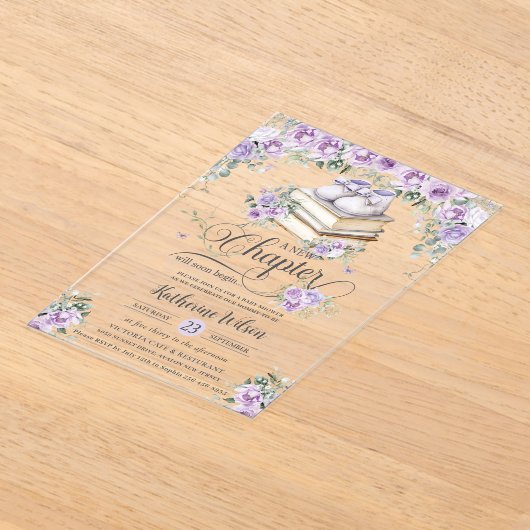 Paarse Lila Bloemen Boek Nieuw Chapter Baby shower Acryl Uitnodigingen (Laagn)