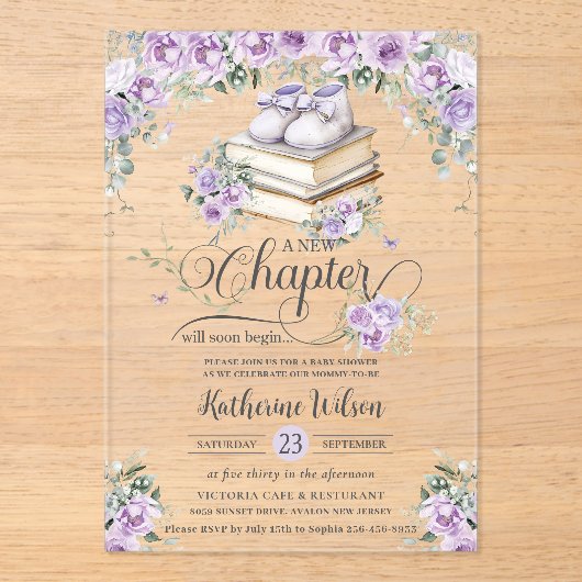 Paarse Lila Bloemen Boek Nieuw Chapter Baby shower Acryl Uitnodigingen (Voorkant)