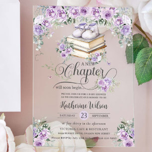 Paarse Lila Bloemen Boek Nieuw Chapter Baby shower Acryl Uitnodigingen