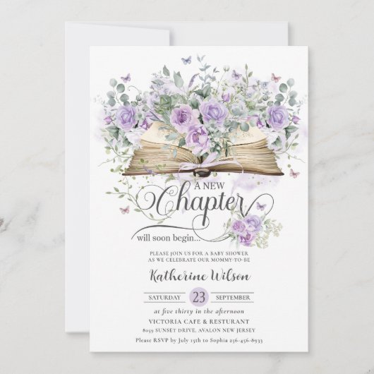 Paarse Lila Bloemen Boek Nieuw Chapter Baby shower Kaart (Voorkant)
