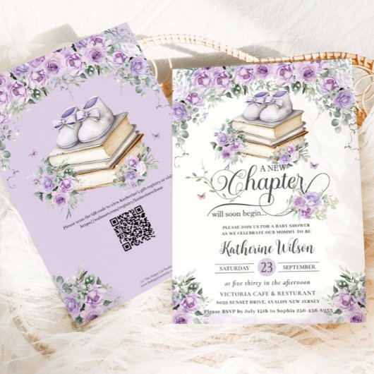 Paarse Lila Bloemen Boek Nieuw Chapter Baby shower Kaart