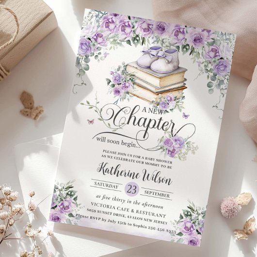 Paarse Lila Bloemen Boek Nieuw Chapter Baby shower Kaart