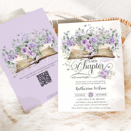 Paarse Lila Bloemen Boek Nieuw Chapter Baby shower Kaart