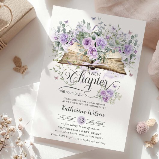 Paarse Lila Bloemen Boek Nieuw Chapter Baby shower Kaart