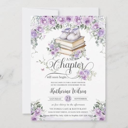 Paarse Lila Bloemen Boek Nieuw Chapter Baby shower Kaart (Voorkant)