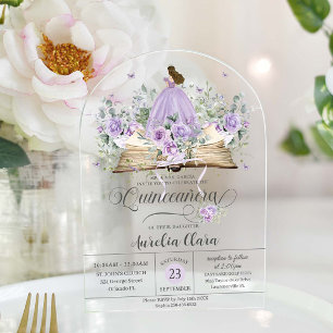 Paarse Lila Bloemen Boek Nieuw Chapter Quinceañera Acryl Uitnodigingen
