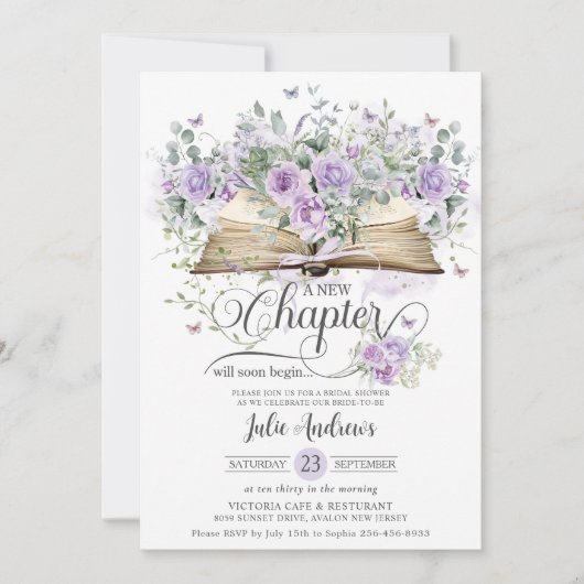 Paarse Lila Bloemen Boek Nieuw Chapter Vrijgezelle Kaart (Voorkant)