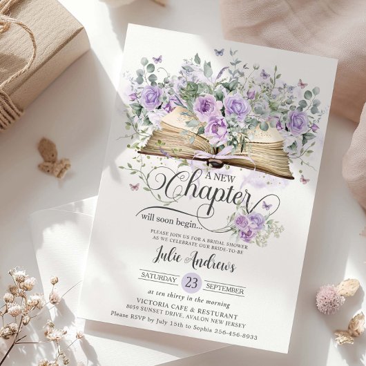 Paarse Lila Bloemen Boek Nieuw Chapter Vrijgezelle Kaart