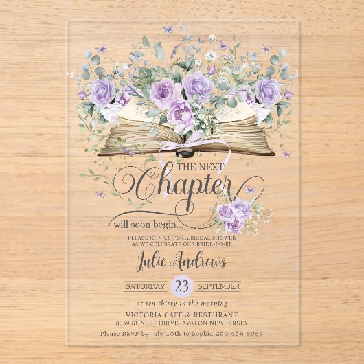 Paarse Lila Bloemen Boek Volgende Chapter Bruids Acryl Uitnodigingen (Voorkant)