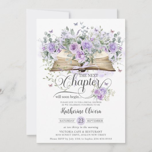 Paarse Lila Bloemen Boek Volgende Chapter Bruids Kaart (Voorkant)