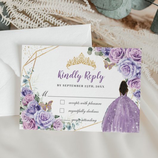 Paarse Lila Bloemen Bruin Meisje Quinceañera Reage RSVP Kaartje