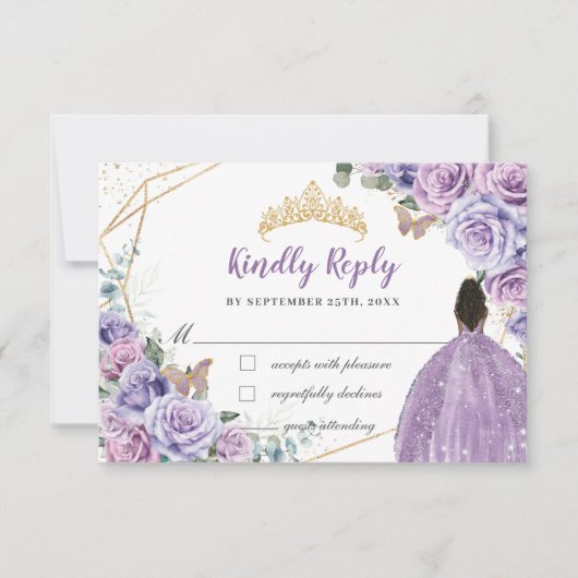 Paarse Lila Bloemen Bruin Meisje Quinceañera Reage RSVP Kaartje (Voorkant)