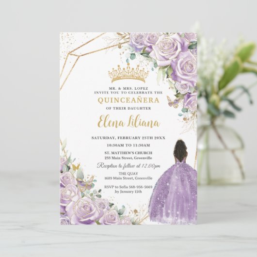 Paarse Lila Bloemen Bruin Prinses Quinceanera Kaart (Staand voorkant)
