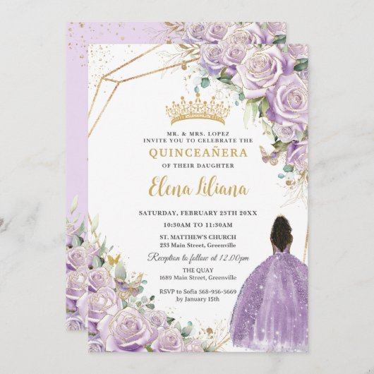 Paarse Lila Bloemen Bruin Prinses Quinceanera Kaart (Voorkant / Achterkant)