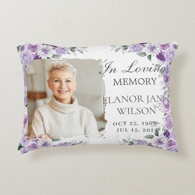 Paarse Lila Bloemen Foto Memorial Keepsake Accent Kussen (Voorkant)