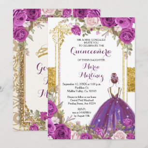 Paarse Lila bloemen Gold Quinceanera Uitnodiging