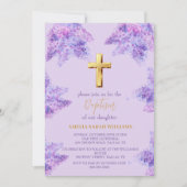 Paarse Lila Bloemen Gouden Kruis Meisje Doop Kaart (Voorkant)