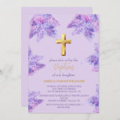 Paarse Lila Bloemen Gouden Kruis Meisje Doop Kaart (Voorkant / Achterkant)