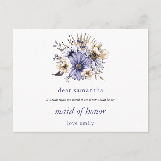 Paarse Lila Bloemen Maid of Honor Verzoek Briefkaart (Voorkant)