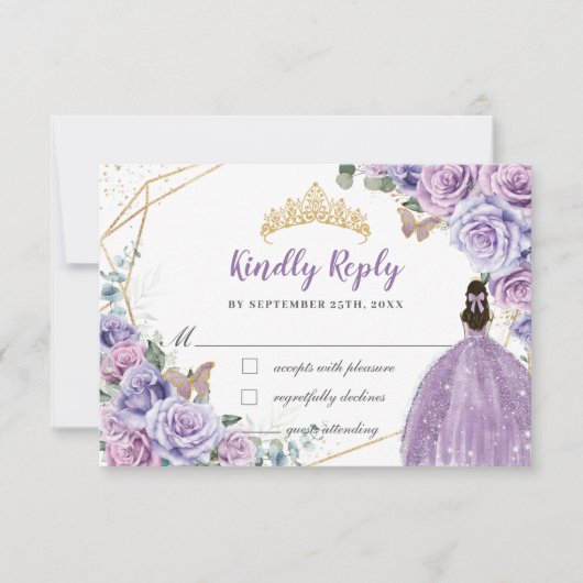 Paarse Lila Bloemen Meisje Jurk Quinceañera Antwoo RSVP Kaartje (Voorkant)