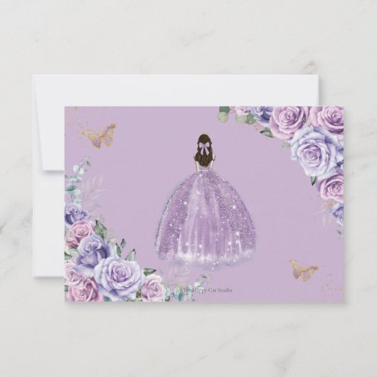 Paarse Lila Bloemen Meisje Jurk Quinceañera Antwoo RSVP Kaartje (Achterkant)