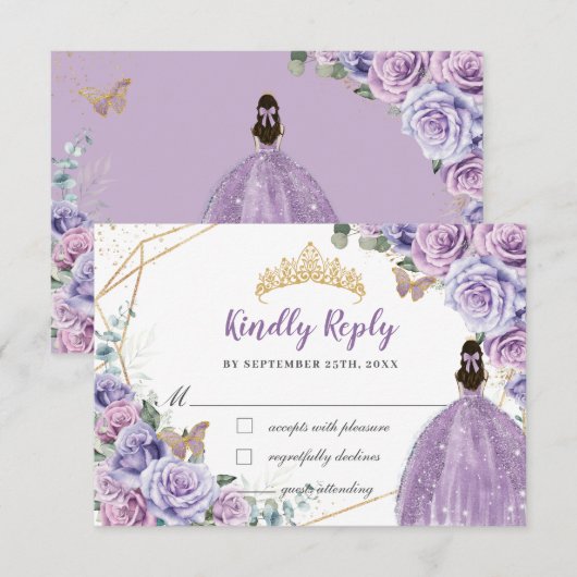 Paarse Lila Bloemen Meisje Jurk Quinceañera Antwoo RSVP Kaartje (Voorkant / Achterkant)