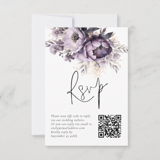 Paarse Lila Bloemen QR Code Bruiloft RSVP Kaart (Voorkant)