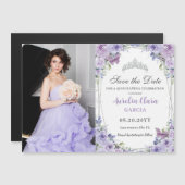 Paarse Lila Bloemen Quinceañera 16e Save the Date (Voorkant / Achterkant)