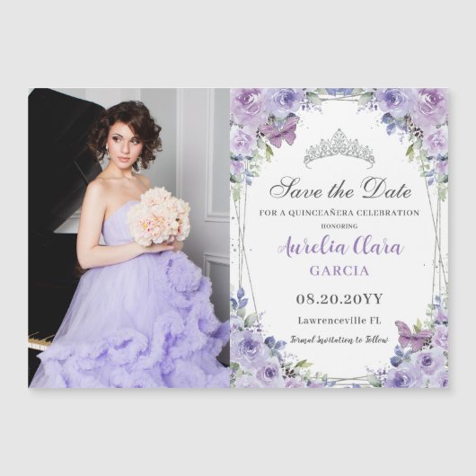 Paarse Lila Bloemen Quinceañera 16e Save the Date (Voorkant)