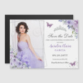 Paarse Lila Bloemen Quinceañera 16e Save the Date (Voorkant / Achterkant)