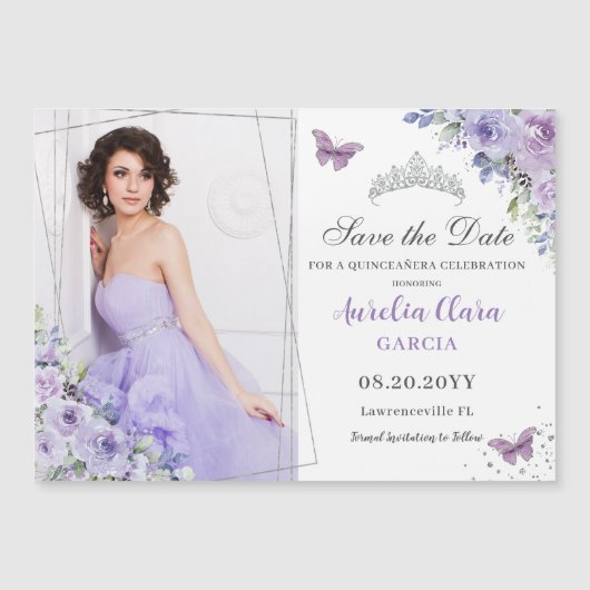 Paarse Lila Bloemen Quinceañera 16e Save the Date (Voorkant)