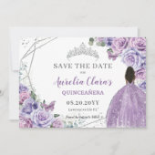 Paarse Lila Bloemen Quinceanera Brown Princess Save The Date (Voorkant)