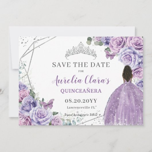 Paarse Lila Bloemen Quinceanera Brown Princess Save The Date (Voorkant)