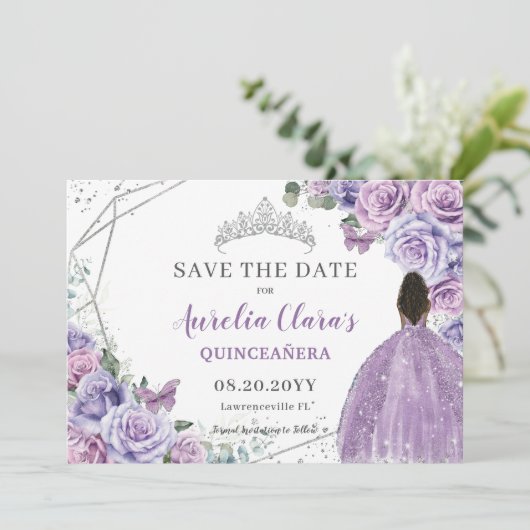 Paarse Lila Bloemen Quinceanera Brown Princess Save The Date (Staand voorkant)