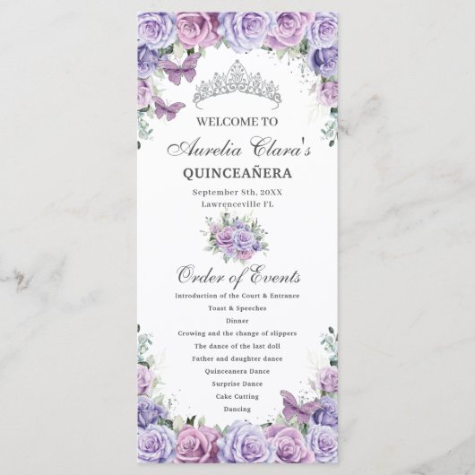 Paarse Lila Bloemen Quinceañera Orde der Evenement Programmakaart (Voorkant)