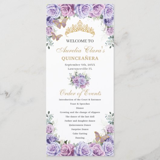 Paarse Lila Bloemen Quinceañera Orde der Evenement Programmakaart (Voorkant)