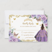 Paarse Lila Bloemen Quinceañera Princess Gold RSVP Kaartje (Voorkant)